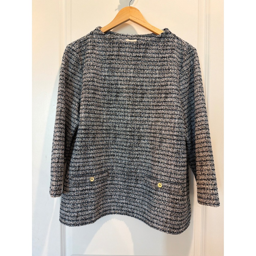 Talbots Womens XL Blue Tweed Metallic Knit Top Gold Button Pocket Pullover